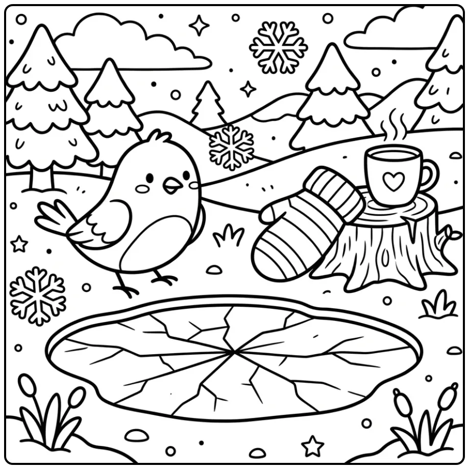 Cheerful Birds in the Winter with Warm Oven Mitts coloring page