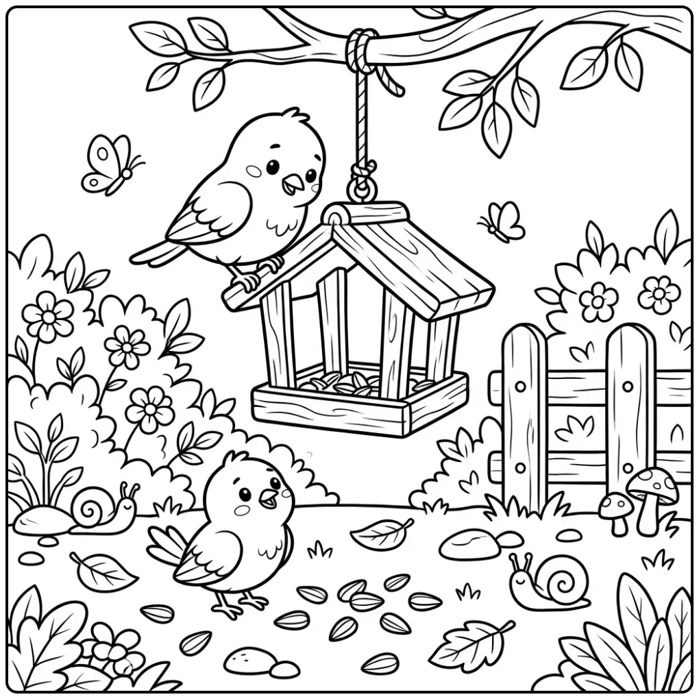 Cheerful Little Birds with a Bird Feeder and Fence coloring page
