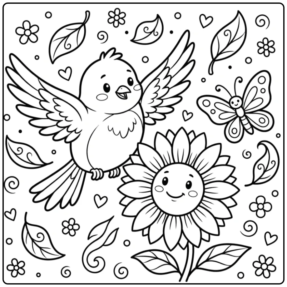 Cheerful Little Birds with Sunflower and Butterfly coloring page