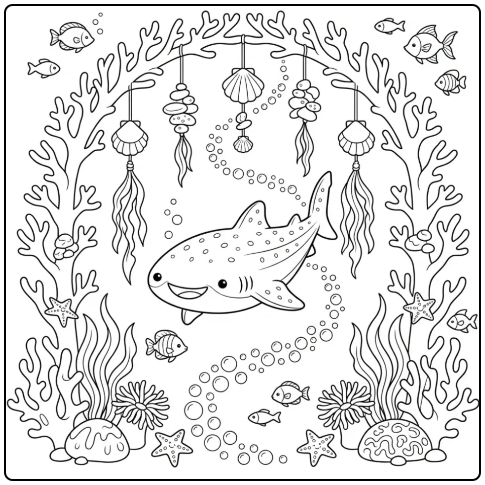 Cheerful Whale Shark with Shells and Bellenpad coloring page