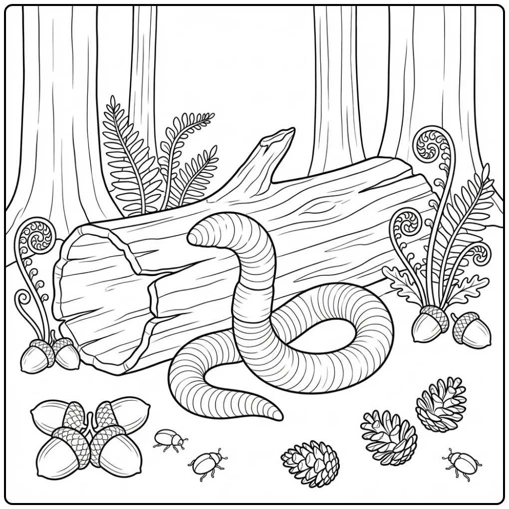 Worm coloring page among acorns and ferns in the forest