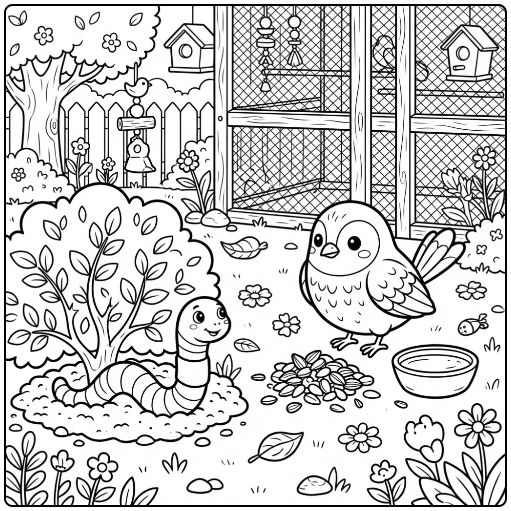 Worm coloring page under a shrub near a bird