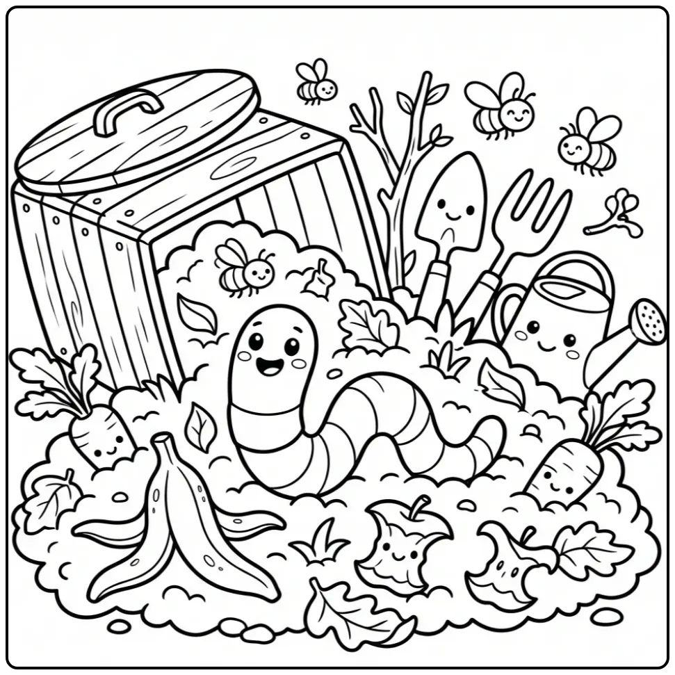 Cute worm coloring page among vegetable scraps in the garden