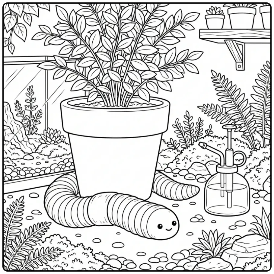 Cute worm coloring page under a plant pot with leaves