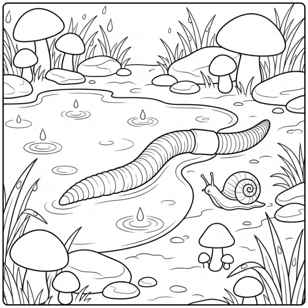 Cute worm coloring page stretching near a puddle