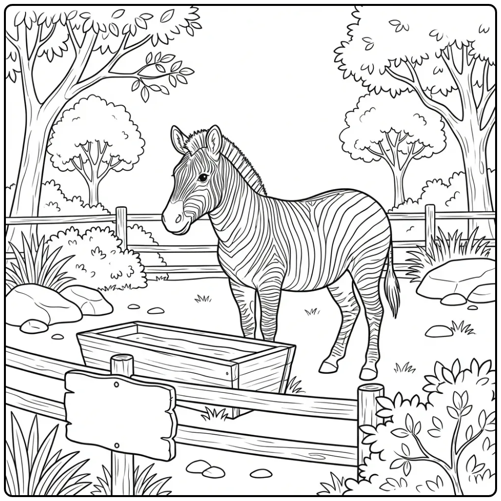 Cheerful Zebra in a Zoo Enclosure coloring page
