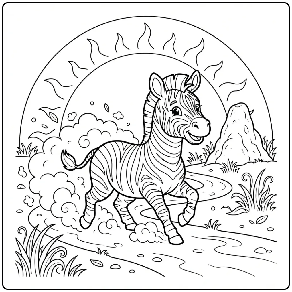 Cheerful Zebra Running Through the Dry Grass coloring page