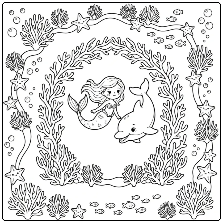 Cheerful Mermaid with Dolphin and Fish coloring page
