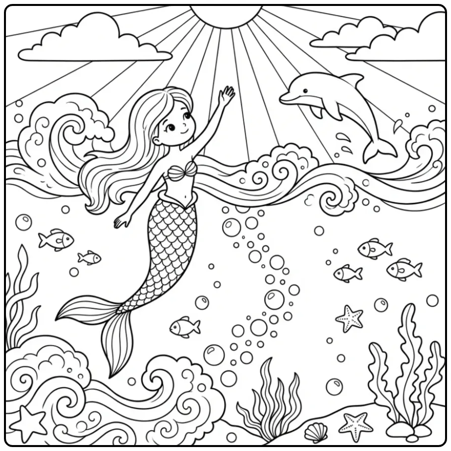 Cheerful Mermaid with Dolphin Underwater coloring page