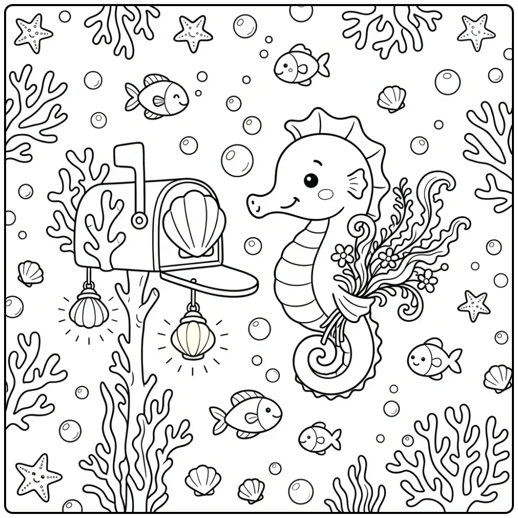 Cheerful Seahorse with a Coral Mailbox coloring page