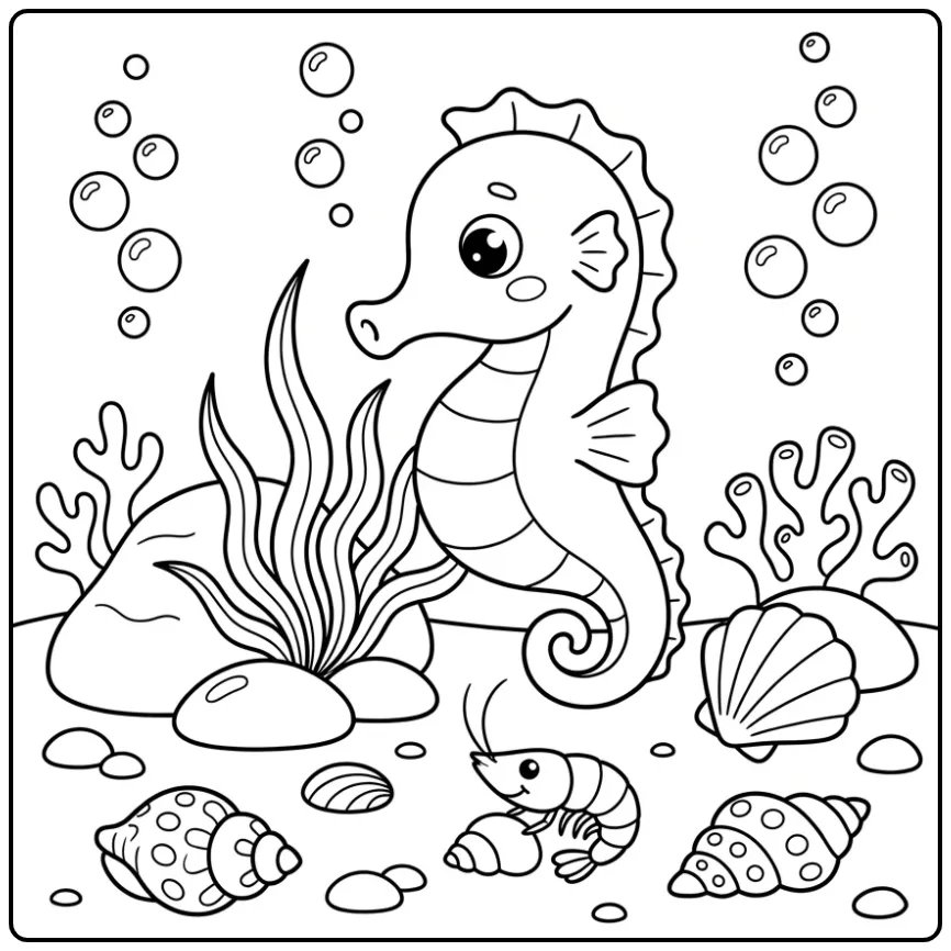 Cheerful Seahorse with a Small Shrimp coloring page