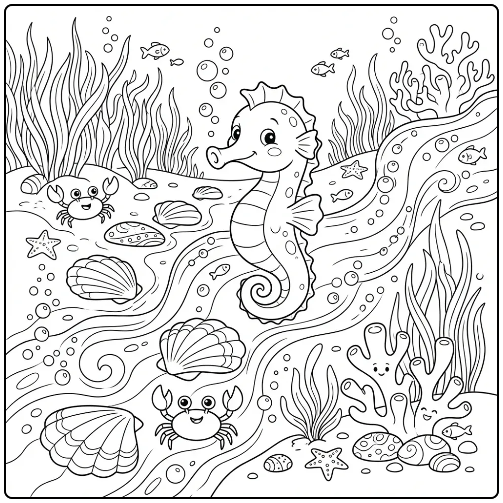 Cheerful Seahorse with Crabs and Bubbles coloring page