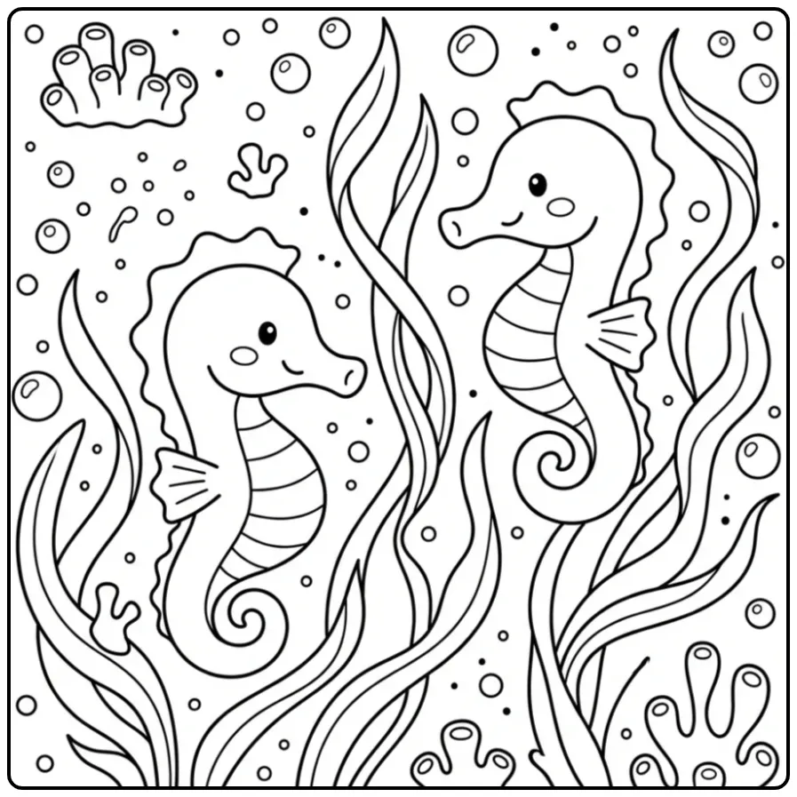 Seahorse coloring page swimming among ribbon-like seaweed