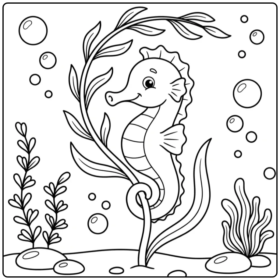 Cheerful Seahorse Underwater for Children coloring page