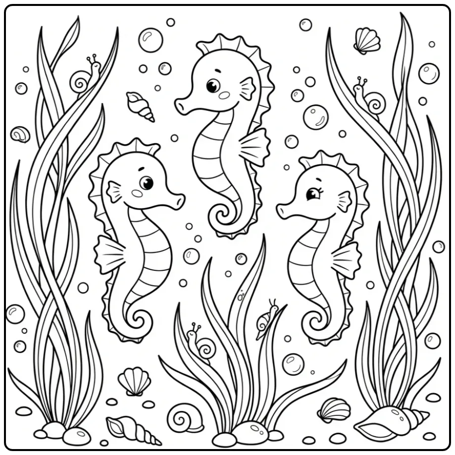 Cheerful Seahorse Among Seagrass and Bubbles coloring page