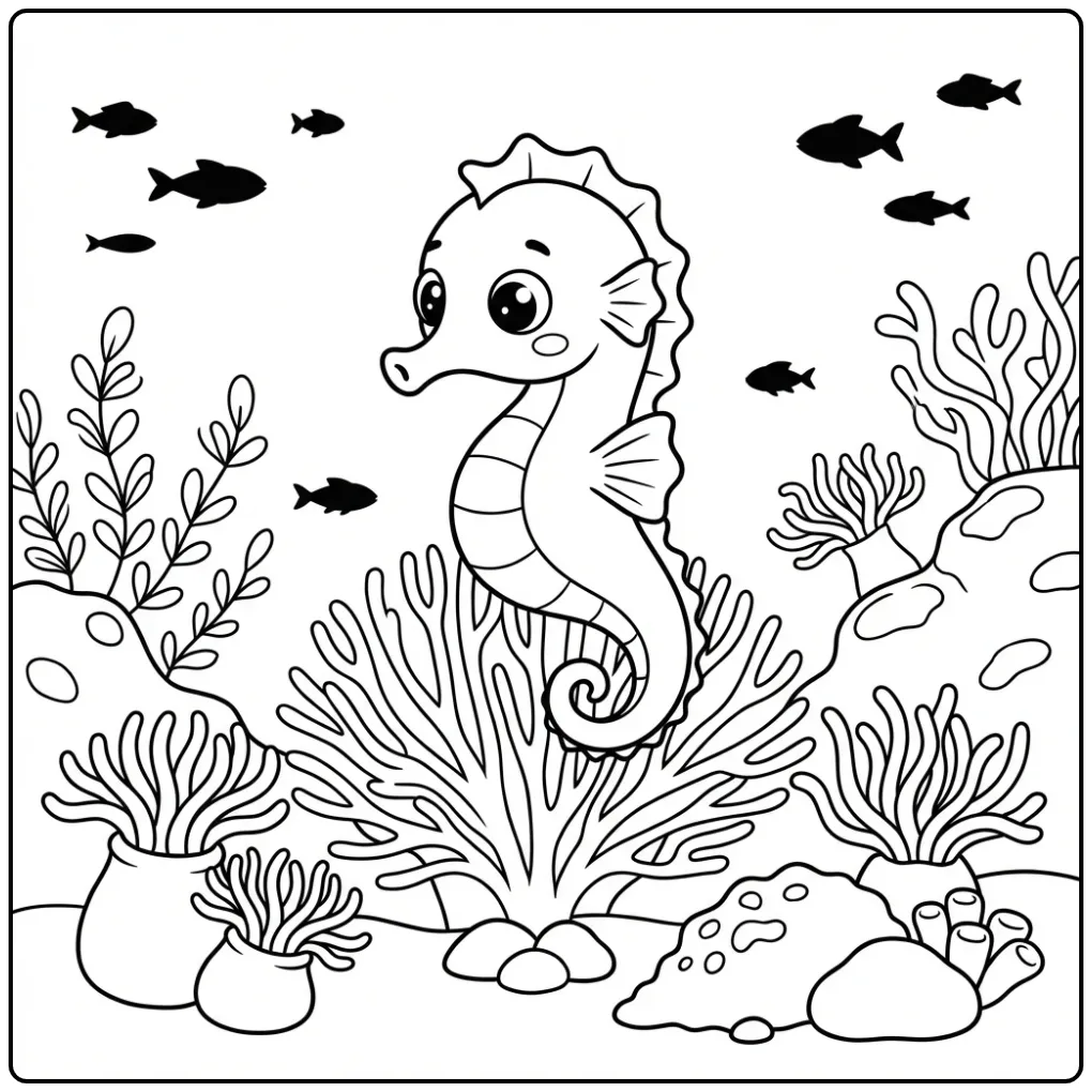 Cheerful Seahorse Swimming with a Sea Fan coloring page