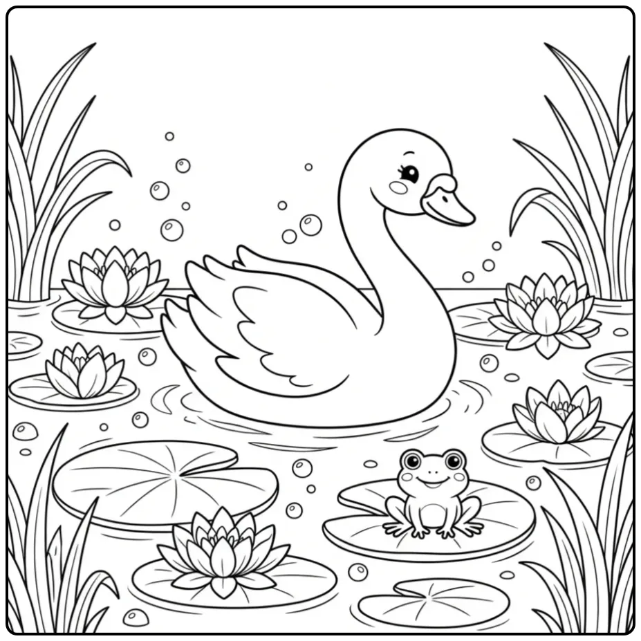 Swan coloring page swimming among water lilies and reeds