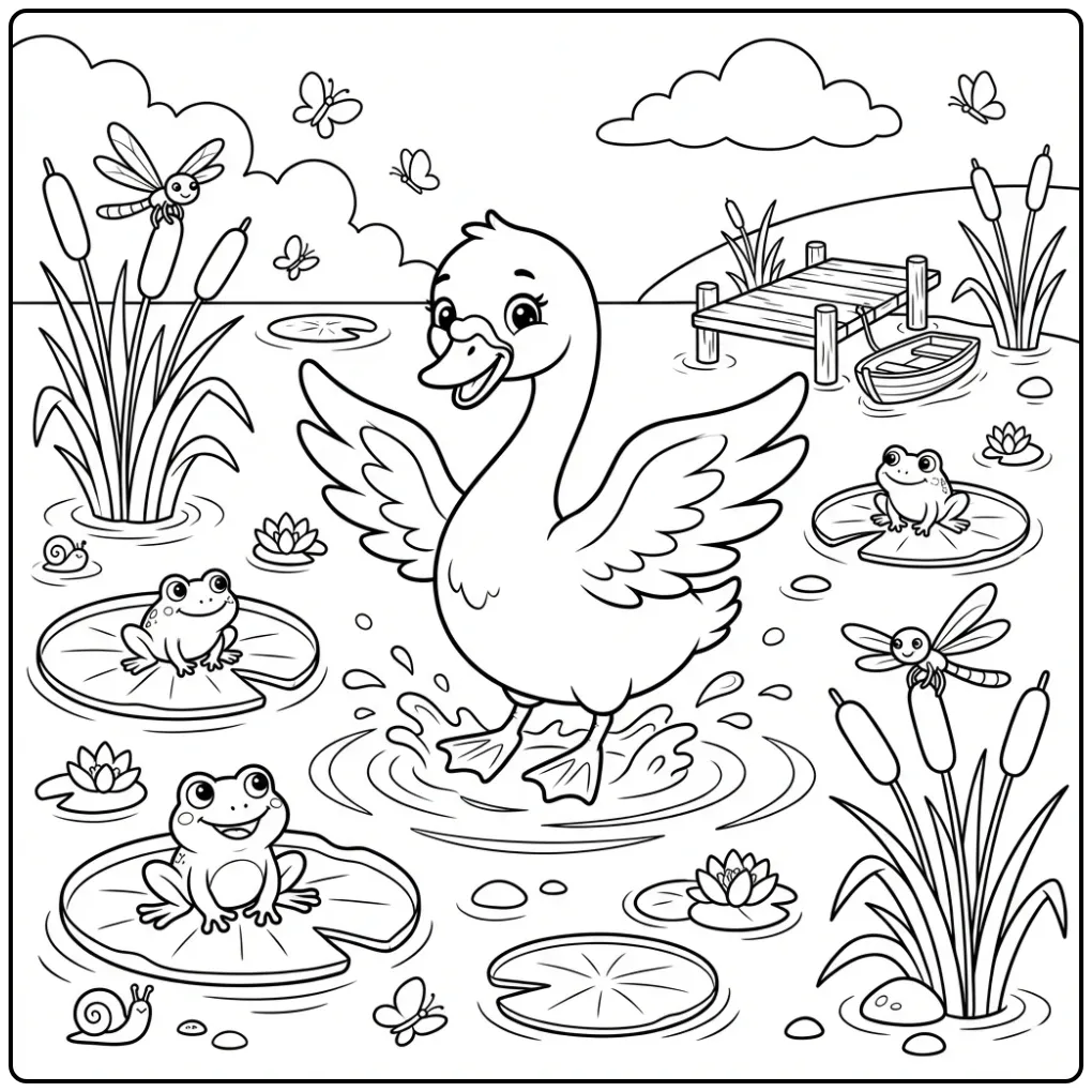 Swan coloring page landing on water with lilies