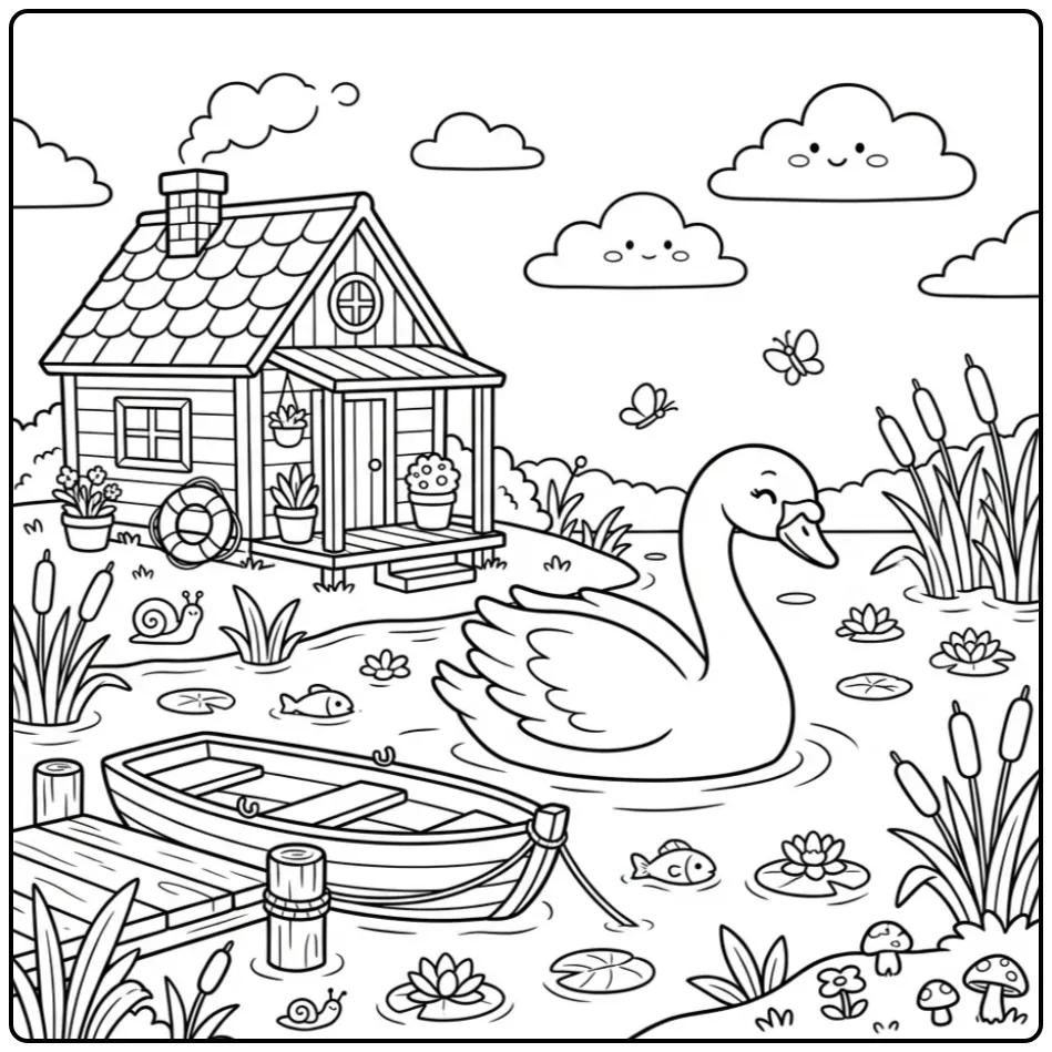 Swan coloring page swimming by a boathouse