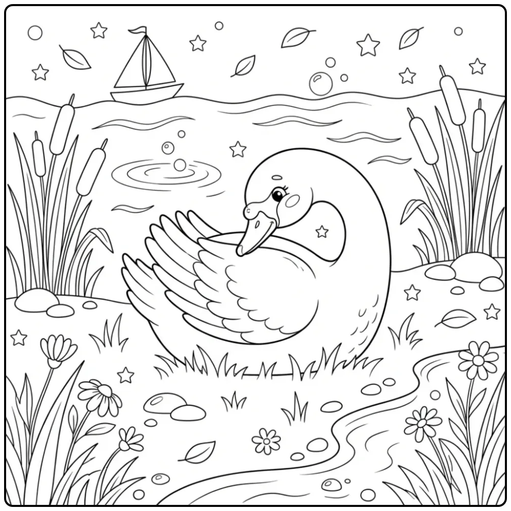 Swan coloring page preening by the water