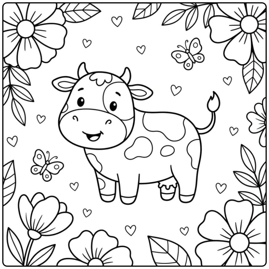 Cheerful Toddler Cow with Hearts and Flowers coloring page