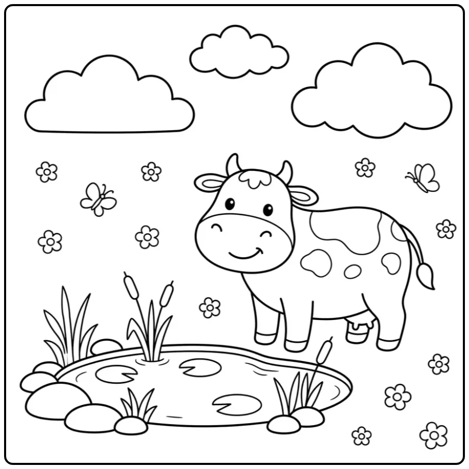 Cheerful Cow Toddler with Clouds and Water coloring page