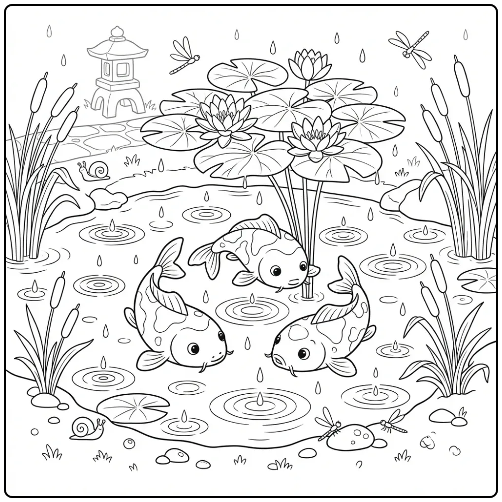 Cheerful Koi Carp in a Japanese Pond coloring page