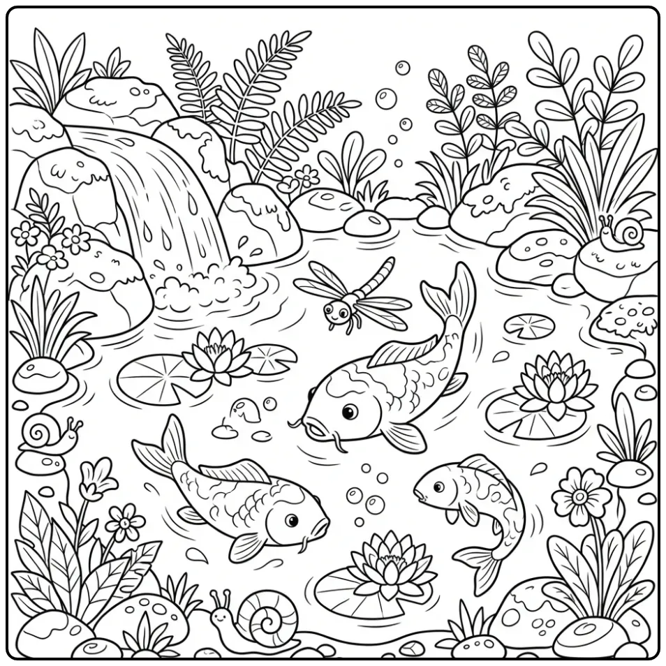 Cheerful Koi Carp in Pond with Waterfall coloring page