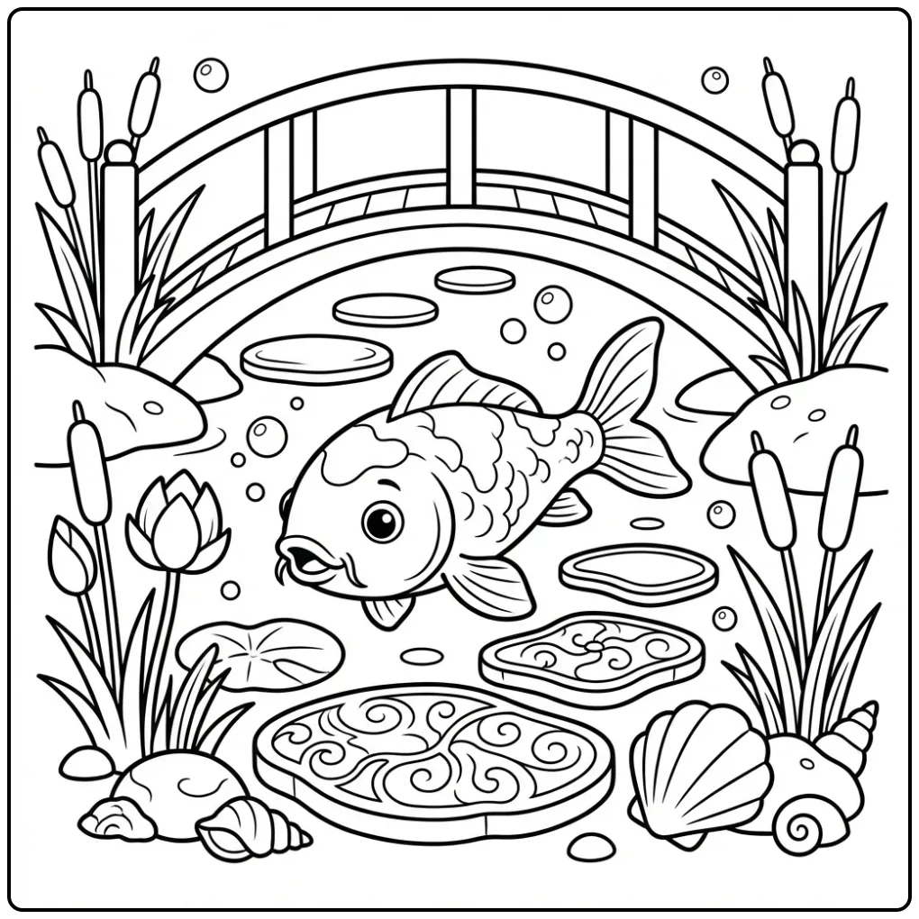 Cheerful Koi Carp Lotus Flowers and Stone coloring page