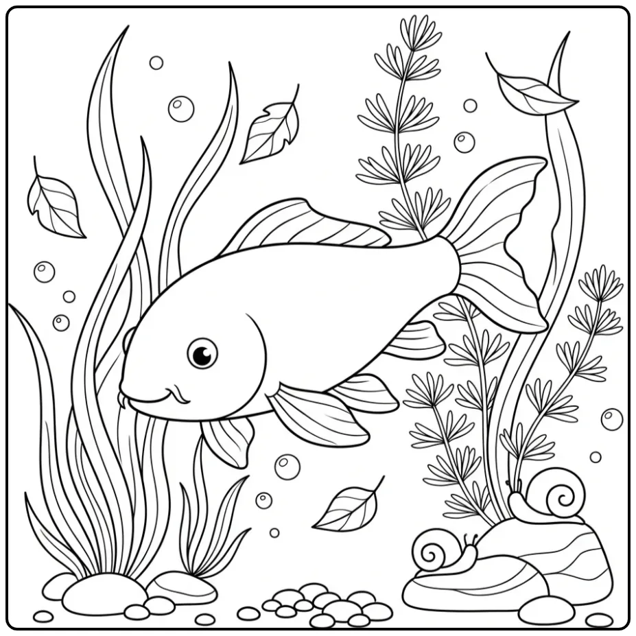 Cheerful Koi Carp with Snails and Plants coloring page