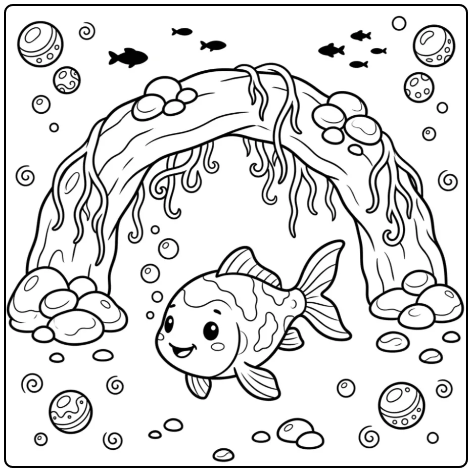 Cheerful Koi Carp with Rocks and Bubbles coloring page