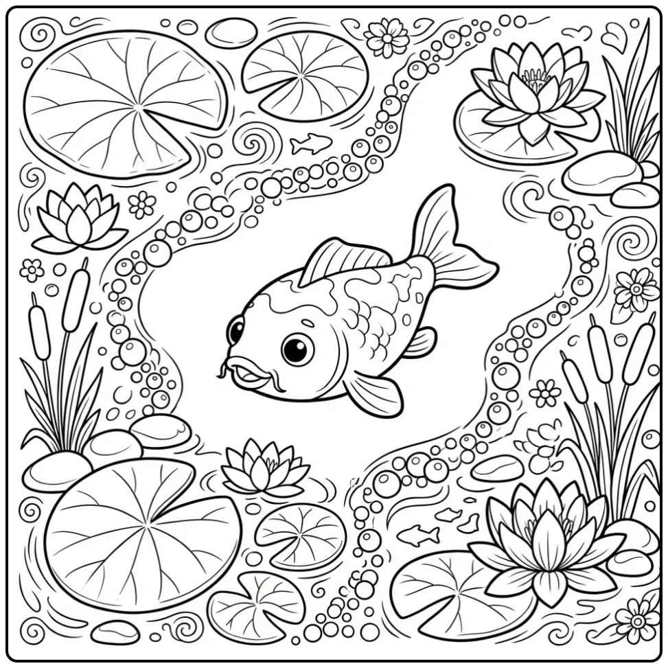 Cheerful Koi Carp Among Lilies and Bubbles coloring page