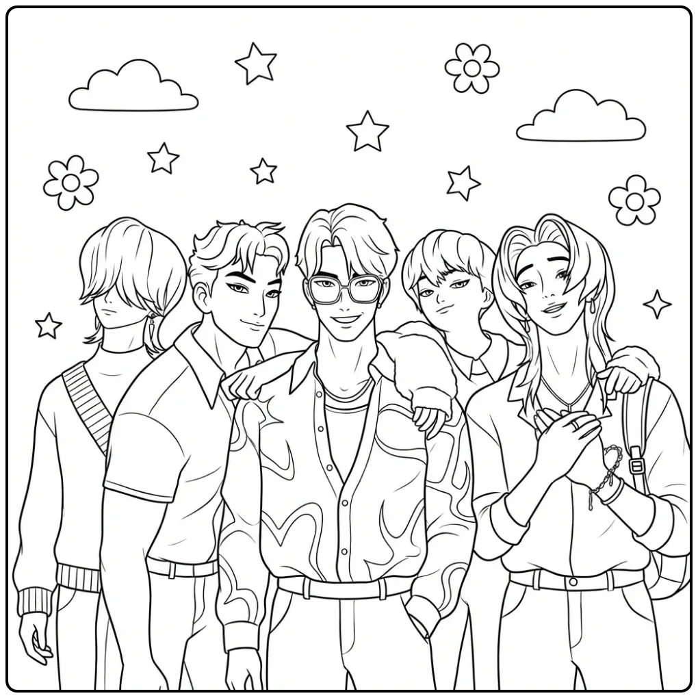 Cheerful KPop Demon Hunters Saja Boys coloring page