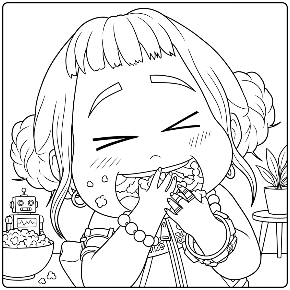 Cheerful KPop Demon Hunters Zoey with Popcorn coloring page