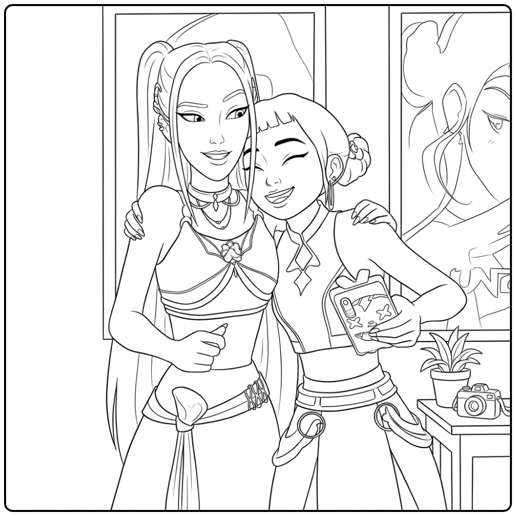 Cheerful KPop Demon Hunters Zoey Selfie coloring page