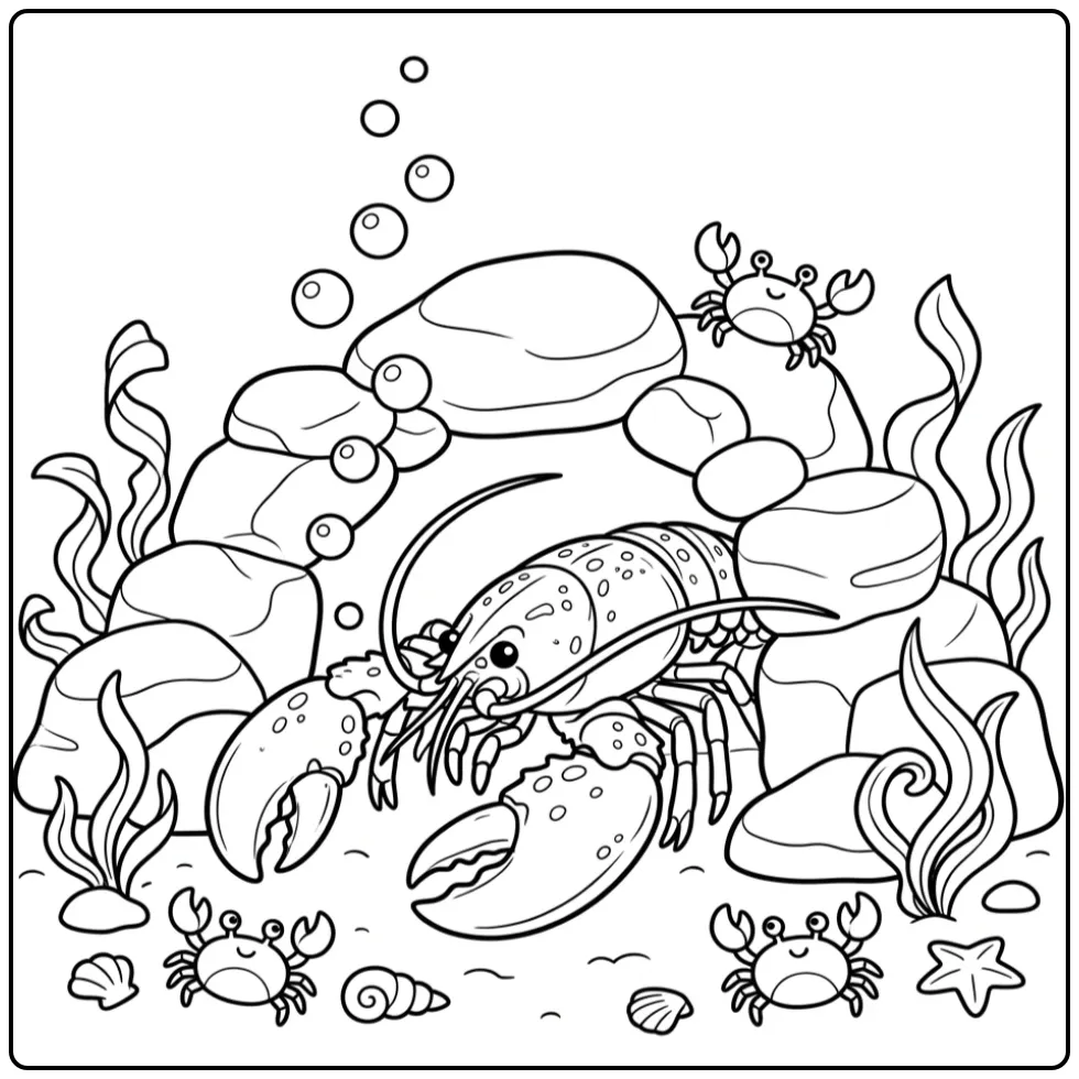 Cute lobster coloring page in a cozy underwater cave