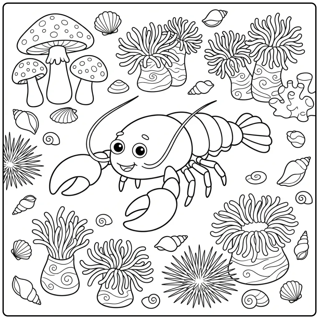 Cute lobster coloring page walking through a coral garden
