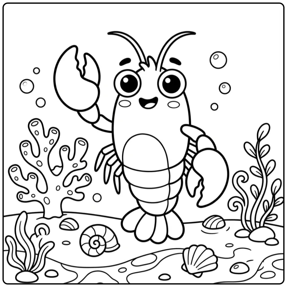 Waving lobster coloring page on the sea floor