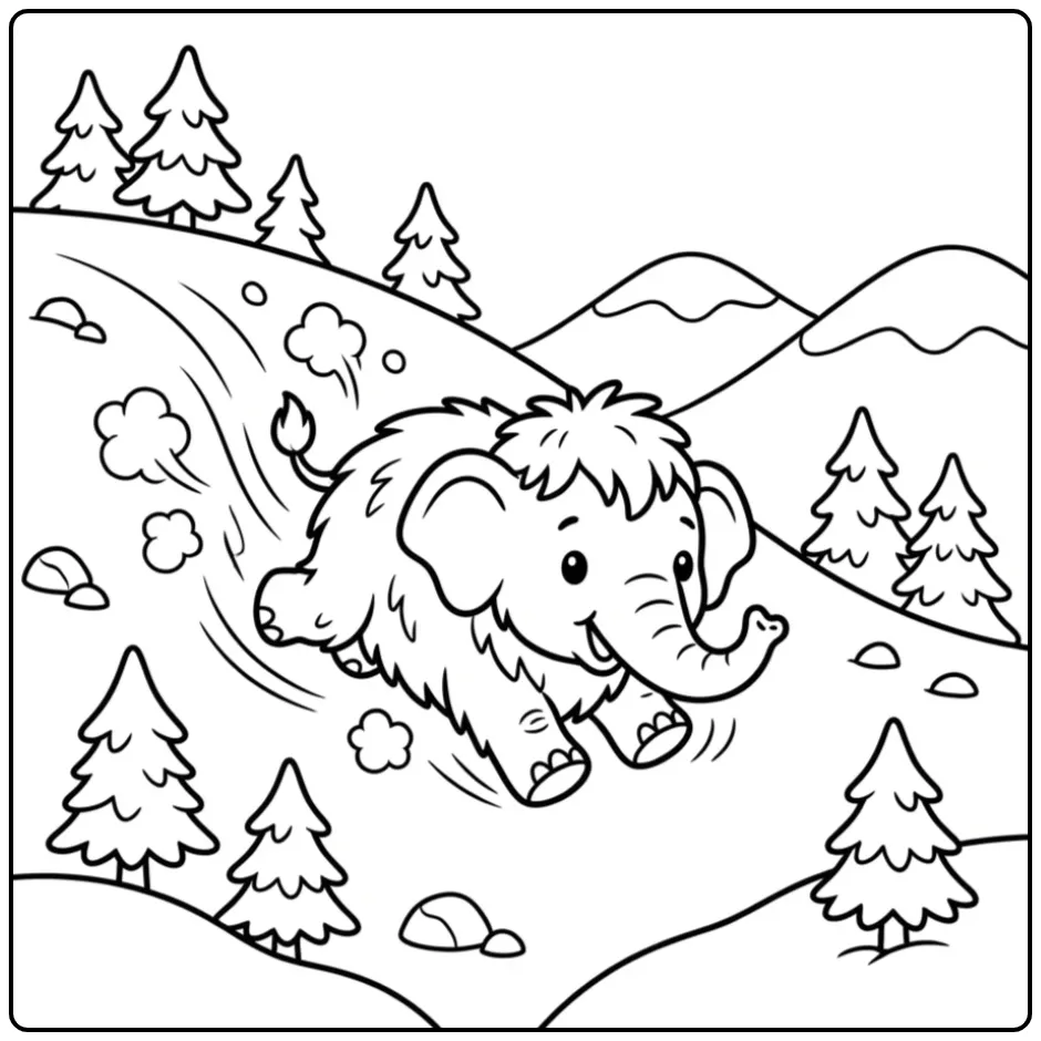 Cheerful Mammoth Sliding Down a Hill coloring page
