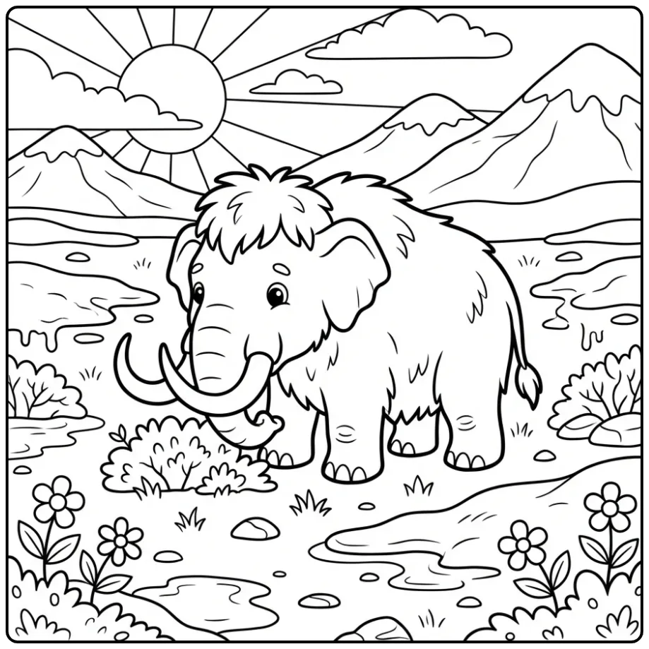 Mammoth coloring page grazing among spring flowers