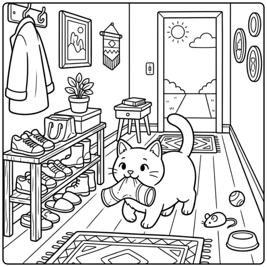 Cheerful Munchkin Cat in the Hall with Toys coloring page