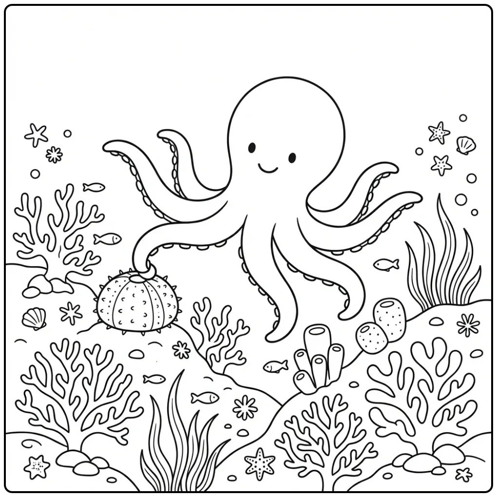 Cute octopus coloring page swimming above coral
