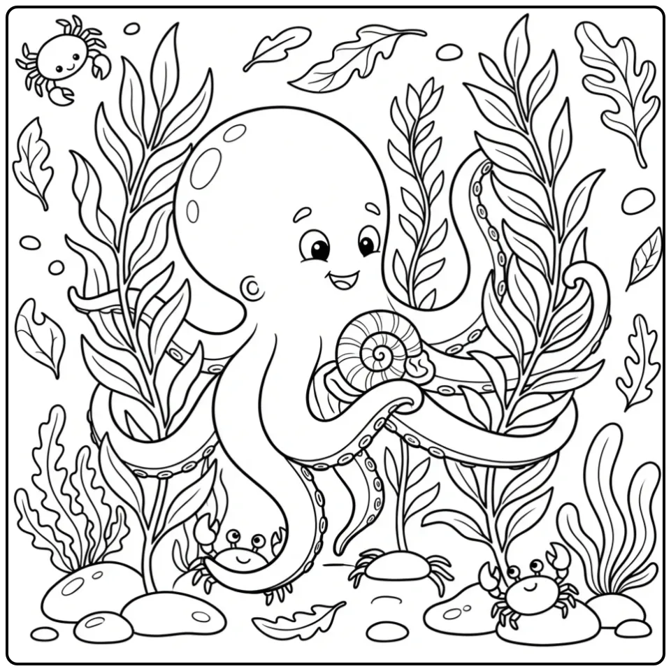 Realistic octopus coloring page with a shell and small crabs