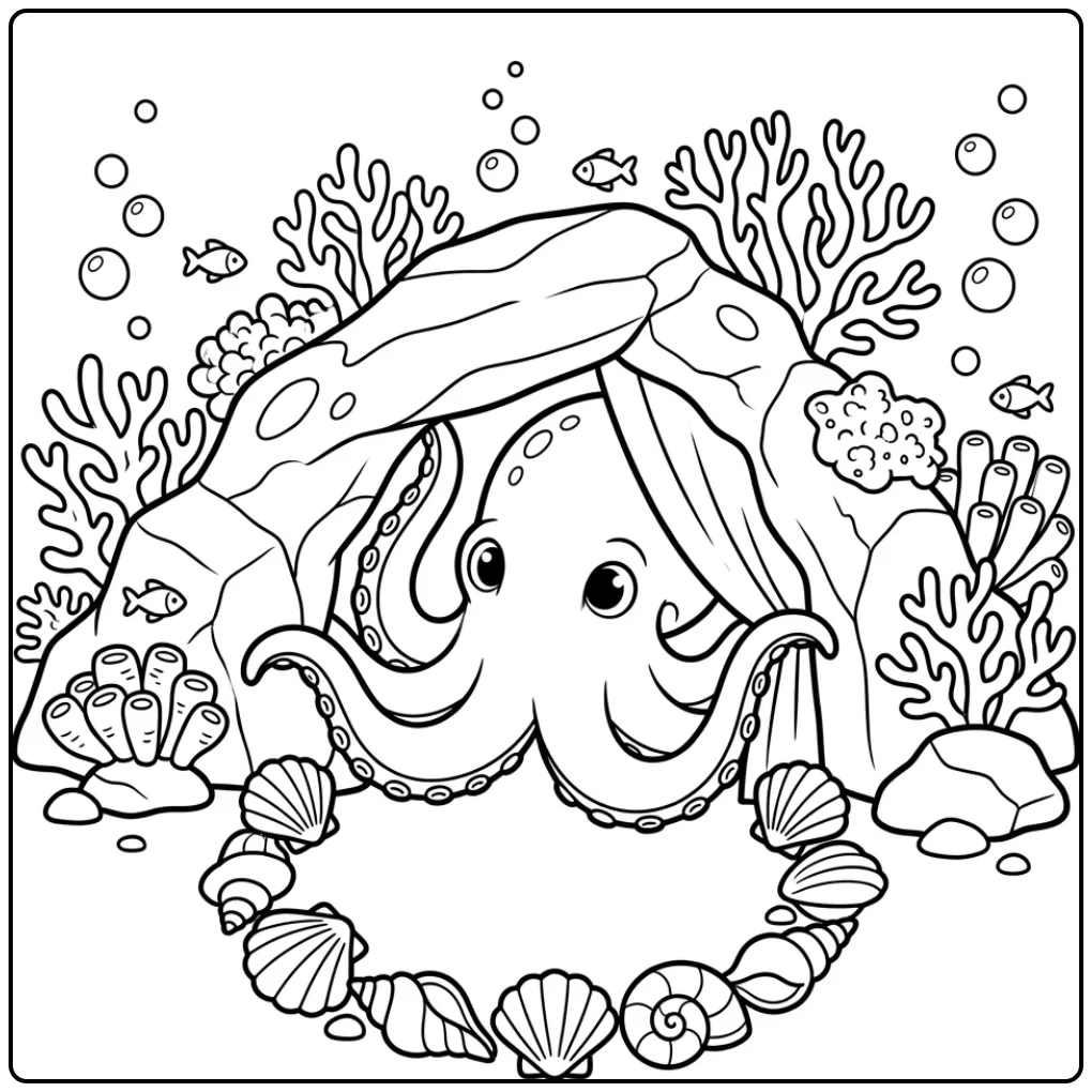 Cute octopus coloring page peeking from a rock crack