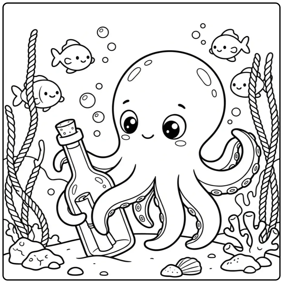 Playful octopus coloring page with a bottle and fish