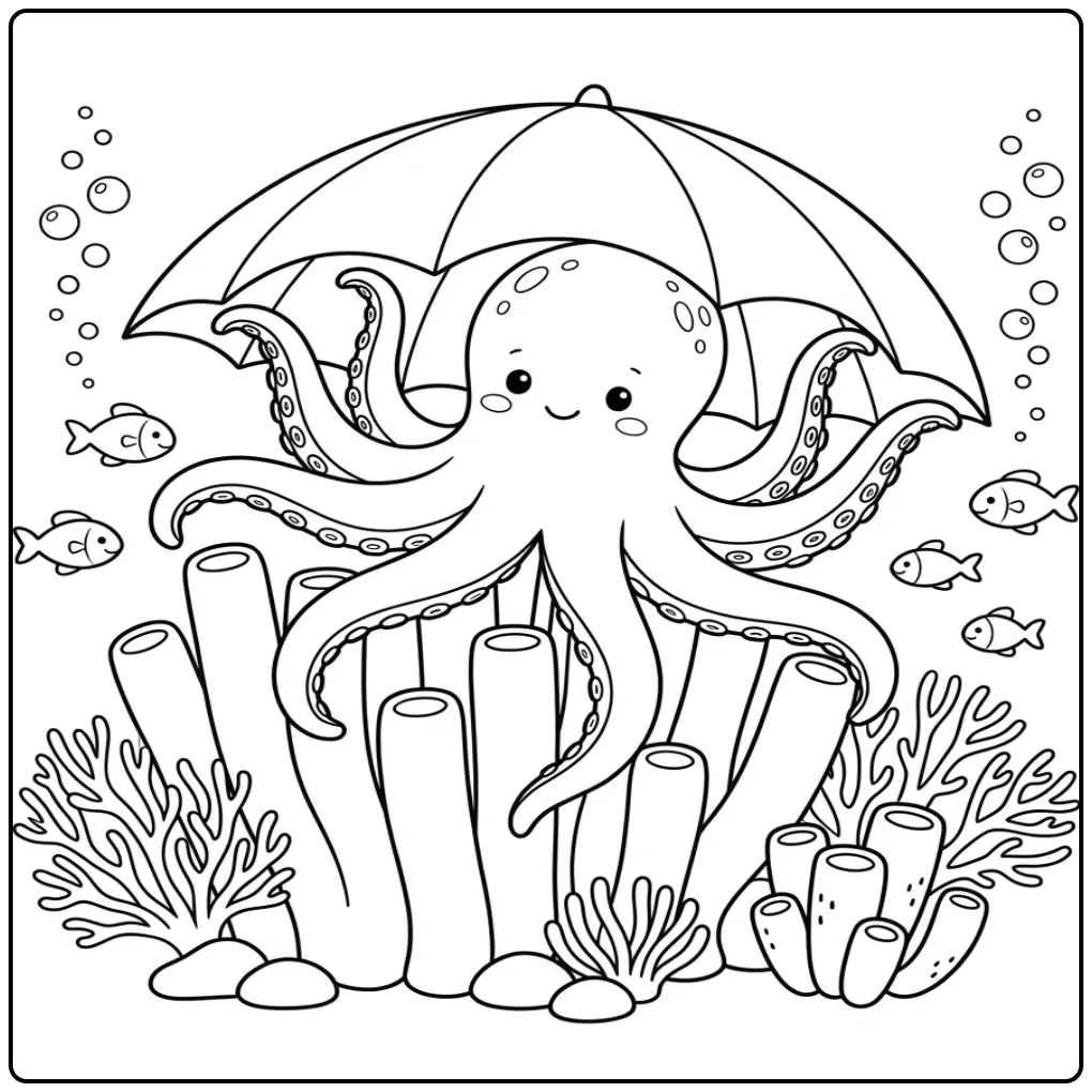 Cute octopus coloring page between coral