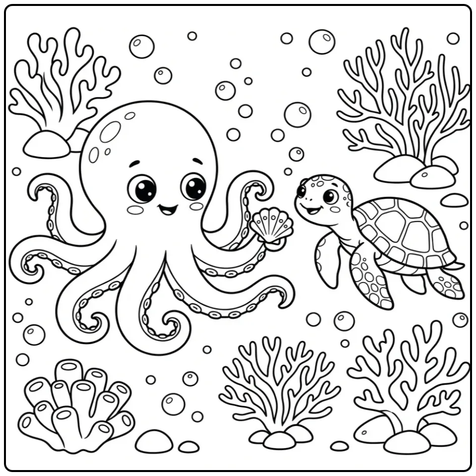 Octopus coloring page giving a shell to a turtle