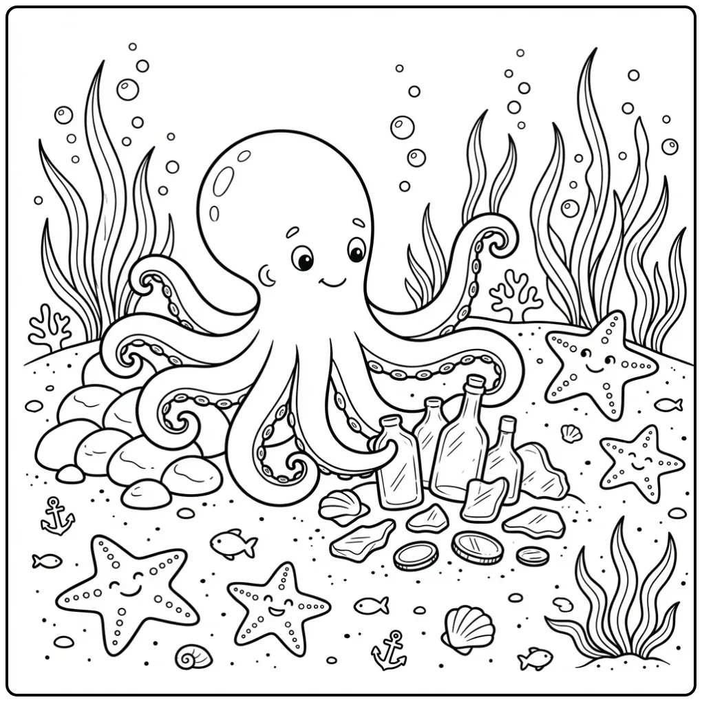Cute octopus coloring page with treasures on the sea floor