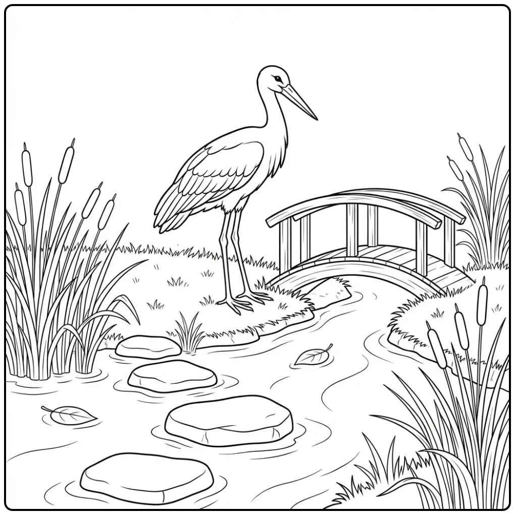 Cheerful Stork by a Small Wooden Bridge coloring page