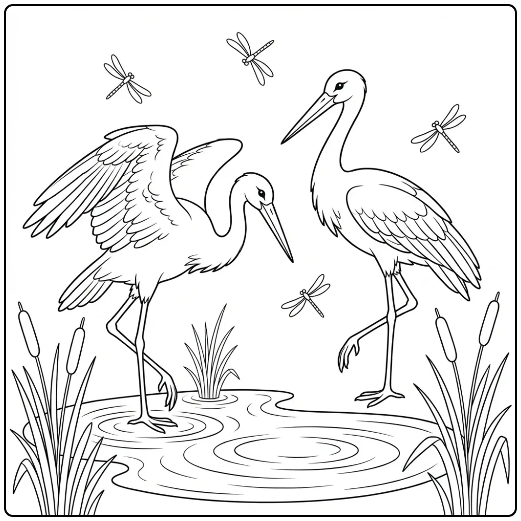 Cheerful Stork Birds by the Pond coloring page